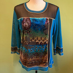 Women's Tribal Blue Multicolor Velvet Burnout Tunic Top L